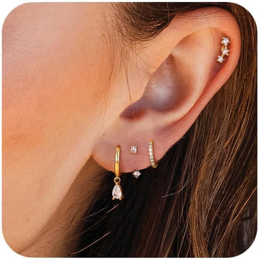 4 Paires De Boucles D'Oreilles Hypoallergéniques Plaquées or 14K Pour Femmes - Clous Délicats, Créoles Huggie, Petites Boucles Pendantes Pour Piercings Multiples Et Cartilage