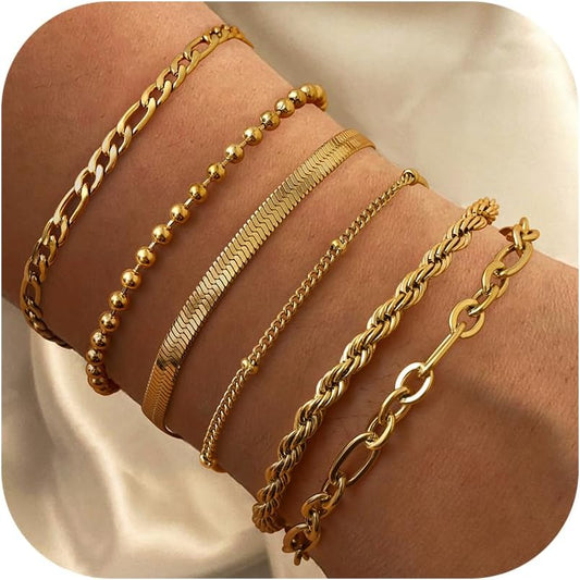 6Pcs Bracelet Femme Acier Inoxydable Chaîne Bracelets Ensemble Pour Femme Pas Cher Réglable Mode Plaqué or Dainty Acier Inoxydable Twist Chaîne Cubique Zircone Bracelet Femme Fille Bijoux