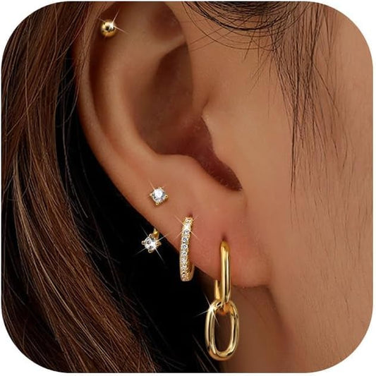 4Paires Boucles D'Oreilles Remplie D'Or 14 Carats Pour Femmes,Boucles D'Oreilles Créoles Acier Inoxydable,Argent or Piercing Tragus Helix Cartilage Pour Plusieurs Piercing Oreille