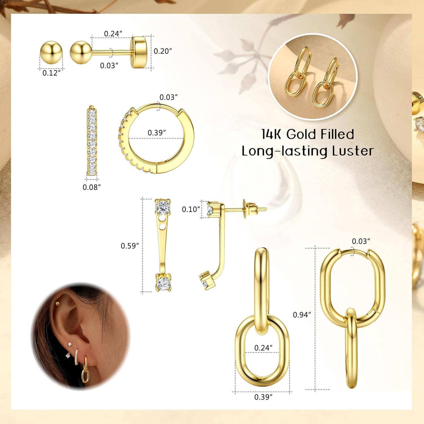 4Paires Boucles D'Oreilles Remplie D'Or 14 Carats Pour Femmes,Boucles D'Oreilles Créoles Acier Inoxydable,Argent or Piercing Tragus Helix Cartilage Pour Plusieurs Piercing Oreille