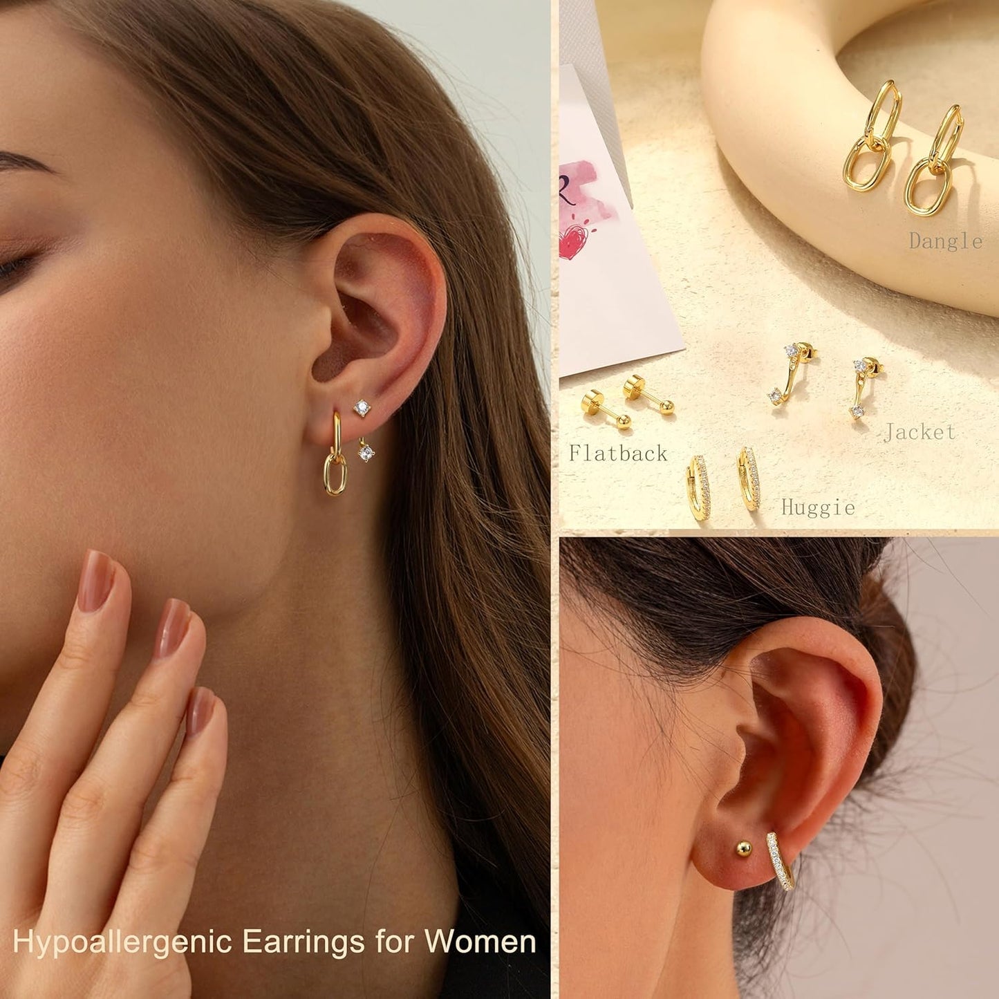 4Paires Boucles D'Oreilles Remplie D'Or 14 Carats Pour Femmes,Boucles D'Oreilles Créoles Acier Inoxydable,Argent or Piercing Tragus Helix Cartilage Pour Plusieurs Piercing Oreille