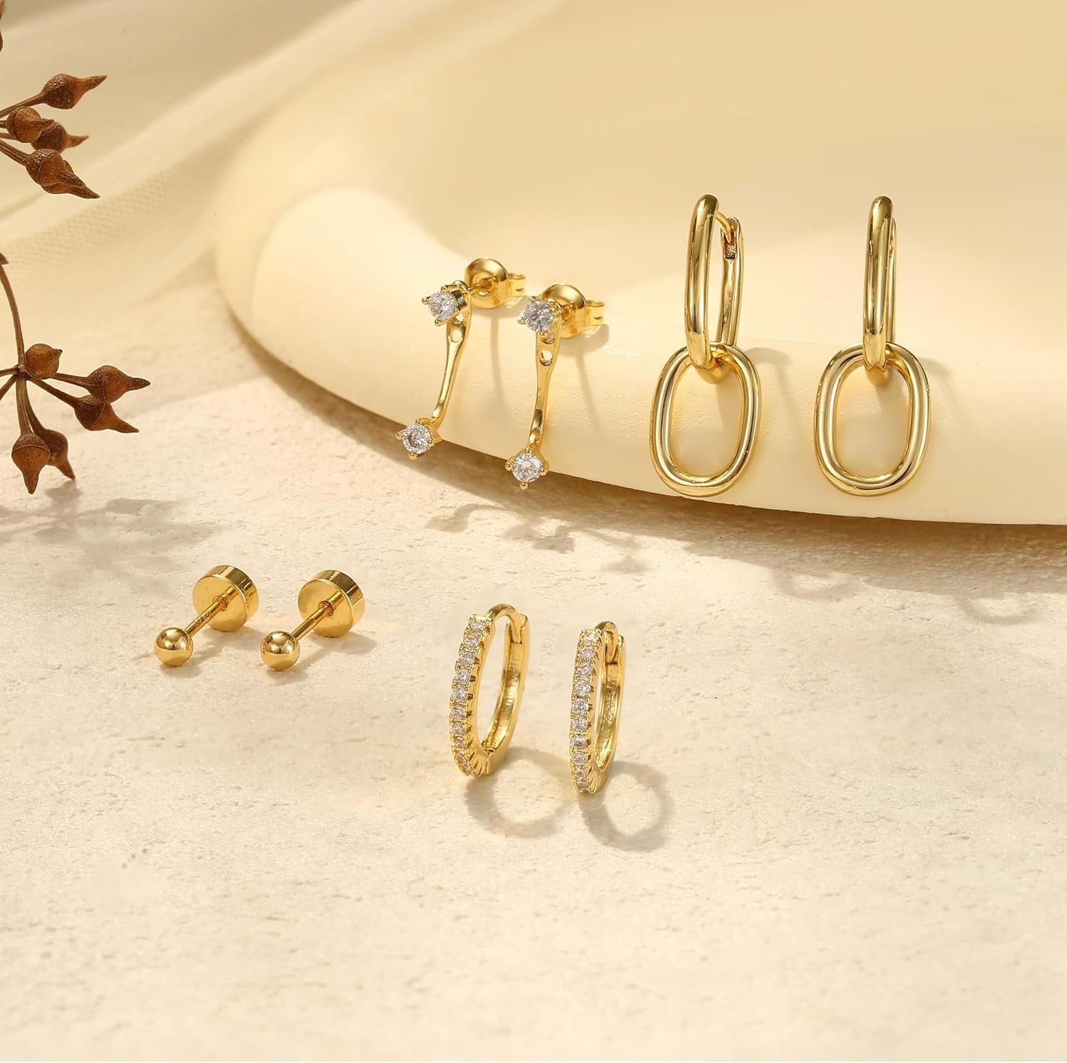 4Paires Boucles D'Oreilles Remplie D'Or 14 Carats Pour Femmes,Boucles D'Oreilles Créoles Acier Inoxydable,Argent or Piercing Tragus Helix Cartilage Pour Plusieurs Piercing Oreille