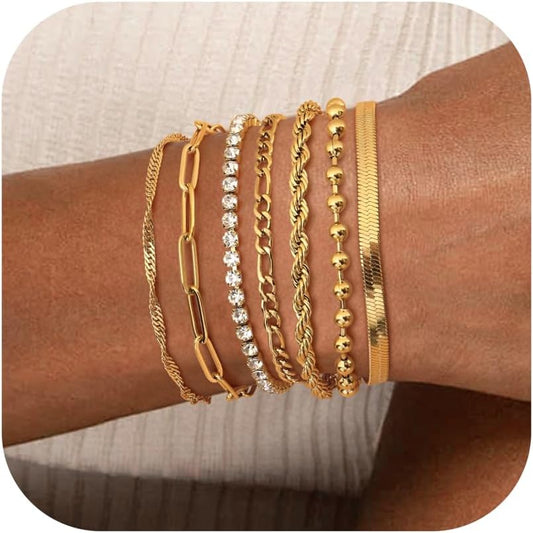 7 Pcs Chaîne Bracelets Pour Femme Bracelet Acier Inoxydable Femme Twist Figaro Zag Chaîne Bracelets Réglable CZ Fantaisie Bracelets Ensemble Argent or Bracelets Pour Femmes Filles