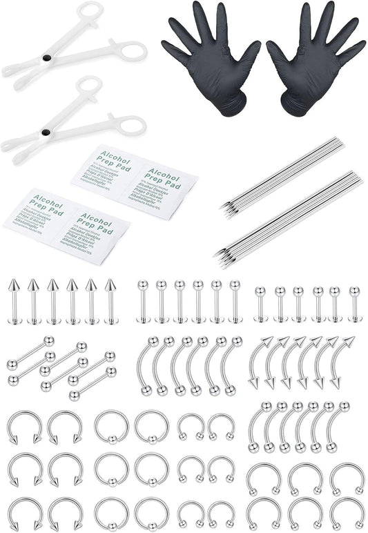 84 Pièces Kit Piercing Professionnel Acier Inoxydable Anneaux De Nombril Cartilage Piercing Helix Daith Septum Hoop Piercing Kit Langue Tragus Mamelon Piercing Lèvres Corps Bijoux 14G 16G