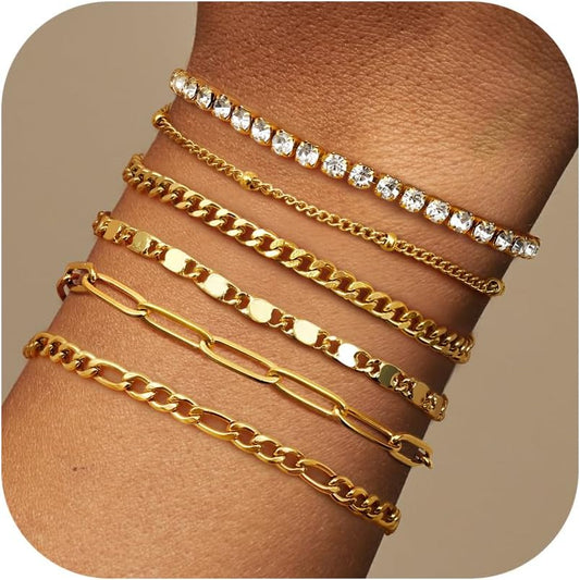 6 Pcs Chaîne Bracelets Femme Bracelets Acier Inoxydable Femme Plaqué or 14K Bracelet Tennis Twist Figaro Réglable Bracelet Boheme Bracelet Charms Bracelet or Bijoux Pour Femmes Filles