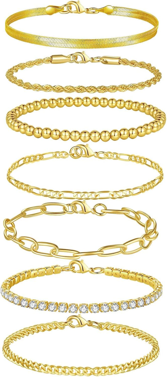 7Pcs Bracelets Pour Femmes Plaqués or 14K Figaro Cubain Tennis Serpent Paperclip Chaîne Bracelet Twist Herringbone Stackable Ensemble De Bracelets, Bracelets À Maillons Réglables En CZ