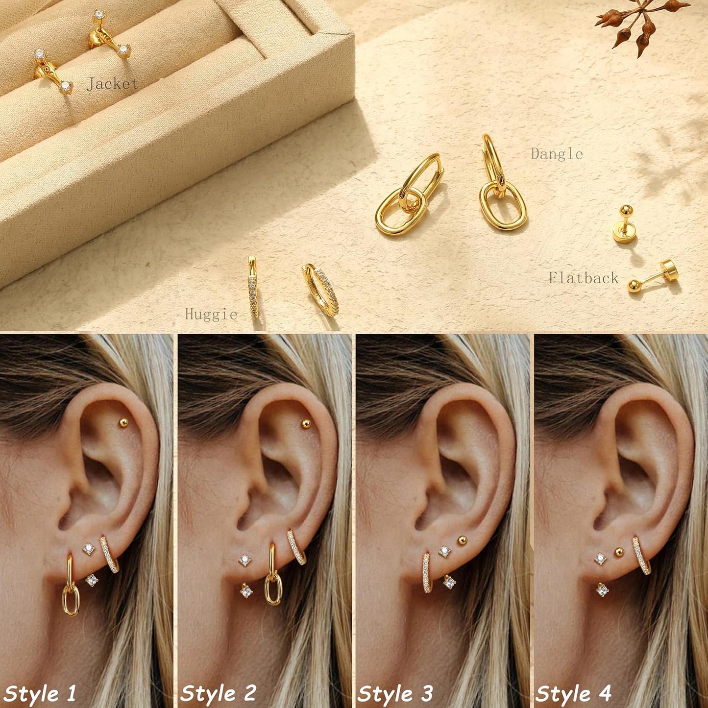 4Paires Boucles D'Oreilles Remplie D'Or 14 Carats Pour Femmes,Boucles D'Oreilles Créoles Acier Inoxydable,Argent or Piercing Tragus Helix Cartilage Pour Plusieurs Piercing Oreille