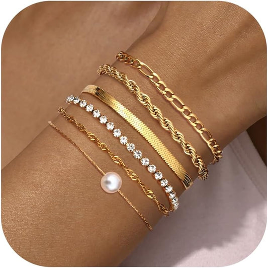 6Pcs Bracelets De Chaîne Set Pour Femmes Mode Réglable 18K or Plaqué Délicat Acier Inoxydable Twist Figaro Herringbone Chaîne Cubique Zircone Link Bracelet Bijoux