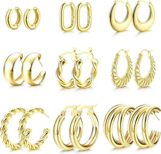 9 Paires Boucles D'Oreilles Femme or Créoles Epaisses Boucles D'Oreilles Hypoallergénique Boucles D'Oreilles Créoles or Ensemble Grosses Créoles Boucles D'Oreilles Pour Femmes